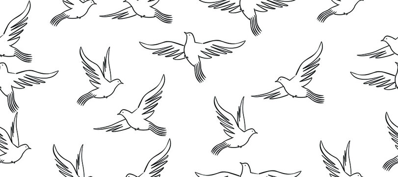 Seamless flying pigeon background in line art style and vector shapes
