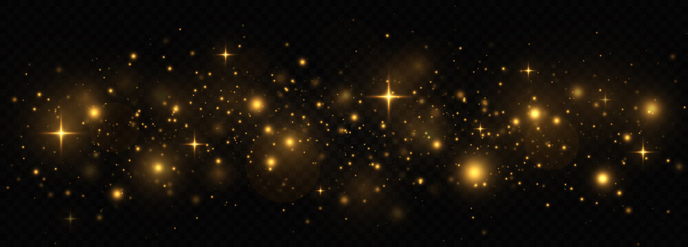 Golden shimmering background with light effect. The dust sparks and golden stars shine with special light on a transparent background. Christmas concept.