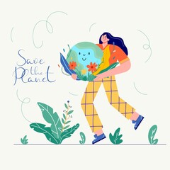 Happy Earth Day sticker! Ecology, recycle, zero waste set with save environment vector illustration. Eco badges with girl, nature plant. Design for shopping bag, t-shirt, apparel, clothes, banner