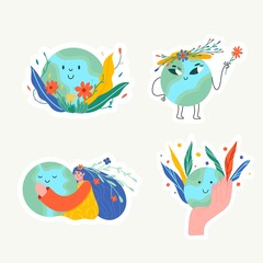 Happy Earth Day sticker! Ecology, recycle, zero waste set with save environment vector illustration. Eco badges with girl, nature plant. Design for shopping bag, t-shirt, apparel, clothes, banner