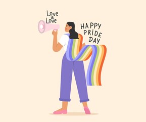 Fototapeta na wymiar Flat vector illustration with homosexual woman celebrating pride day. Concept of LGBTQ community or Pride Month.