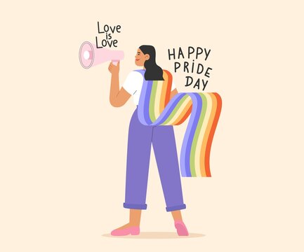 Flat vector illustration with homosexual woman celebrating pride day. Concept of LGBTQ community or Pride Month.