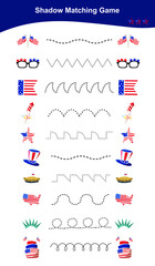 Tracing Lines Game Fourth July Edition. Worksheet activity for preschool kids. Vector illustration.