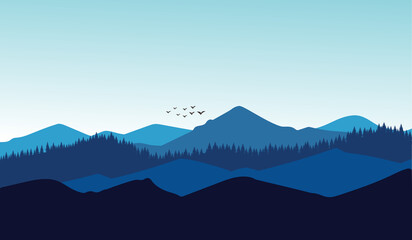 Naklejka premium Vector illustration mountains. Mysterious landscape of forest, mountaings in fog