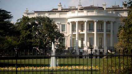 Closeup off center composition of the White House oval office with fountain in Washington DC.