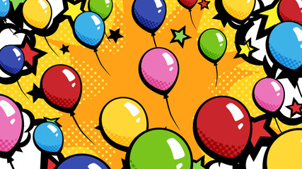 アメコミ風のバルーンリリースの背景_風船飛ばしのイラスト_16:9 © ふわぷか