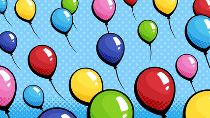 アメコミ風のバルーンリリースの背景_風船飛ばしのイラスト_16:9 © ふわぷか