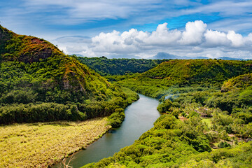 Fototapeta na wymiar Wailua River near Opaekaa Falls in the western highlands of Kauai, Hawaii