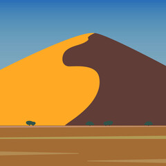 Desert landscape with sand blue sky and trees. Hot day in cartoon nature empty desert. Vector illustration.