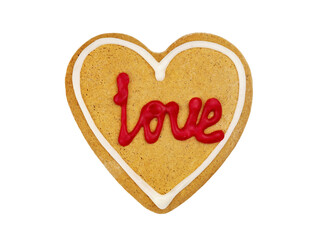 gingerbread in the shape of heart with the inscription love isolated on white background, for the design of postcards, posters, banners or cafes