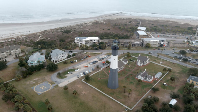 Aerial view of Tybee Island, Georgia and the lighthouse and beach.