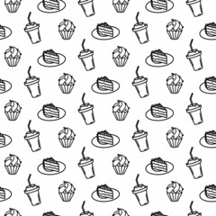 Hand drawn seamless pattern with a piece of cake, a plate, dessert, a glass of soda, coffee, a donut, a glazed cupcake on white background. Adult and kids coloring page. Doodle Sweet food supplies