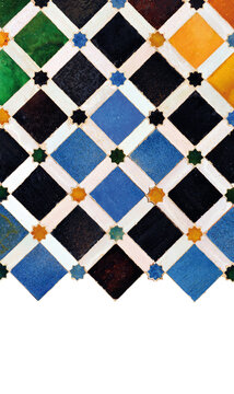 Arabic tile from the Alhambra in Granada. Silhouetted image with blank space for text