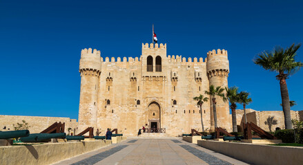 Alexandria, Egypt - January 2022: Citadel of Qaitbay fortress and its main entrance yard