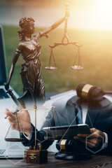 Business and lawyers discussing contract papers with brass scale on desk in office. Law, legal...