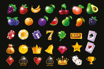 Casino slot game vector icon set, gambling machine UI badge kit, golden award crown, glossy fruit. Classic Vegas jackpot symbol, lucky bonus chips, playing cards, bar sign. Shiny 3D casino icon assets © Oleksandra