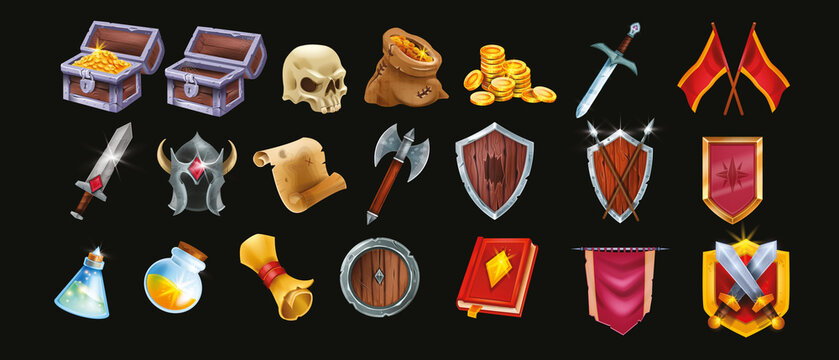 Fantasy Game Vector Icon Set, Wooden Warrior Shield, Full Gold Chest, Potion, Medieval UI Game Badge. Magic RPG Objects Kit, Old Papyrus, Standard, Knight Weapon, Iron Helmet. Game Icon Collection