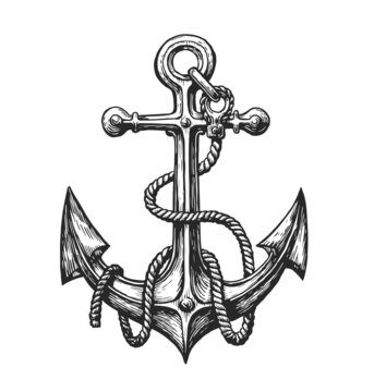 Nautical ship anchor with rope in vintage engraving style. Marine concept, seafaring symbol. Sketch vector illustration