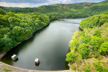 Scenic view of Urft Reservoir and dam at Nationalpark Eifel in Germany.