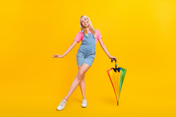 Fototapeta premium Full length portrait of satisfied peaceful lady hold umbrella toothy smile isolated on yellow color background