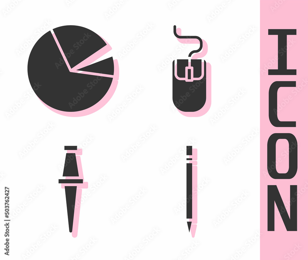 Poster set pencil with eraser, pie chart infographic, push pin and computer mouse icon. vector
