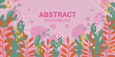 Fototapeta na wymiar Summer Horizontal abstract Banner with different Shapes and Leaves. Colorful hand drawn background. Vector cover