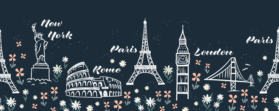 Hand drawn doodle sights seamless pattern, travel background, great for textiles, wrapping, banners, wallpapers - vector design