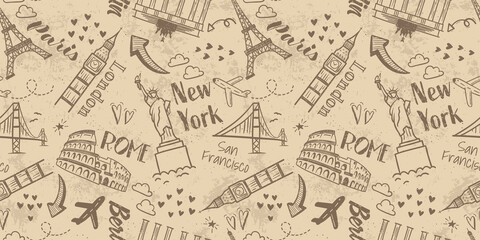 Hand drawn doodle sights seamless pattern, travel background, great for textiles, wrapping, banners, wallpapers - vector design