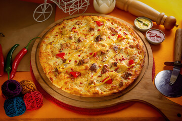 barbecue chicken pizza with tomato sauce and mayo isolated on wooden board top view of italian food on wooden background