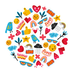 Circle of cute and fun icon stickers. Hand-drawn comics style, vector file.