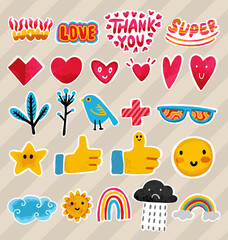 Set of cute and fun icon stickers. Hand-drawn comics style, vector file.