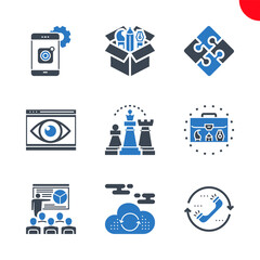 SEO Related Line Icons Set. Mobile apps development, cloud computing, seo training, strategy, portfolio demonstration, creative package, contact, global solution, web visiblity