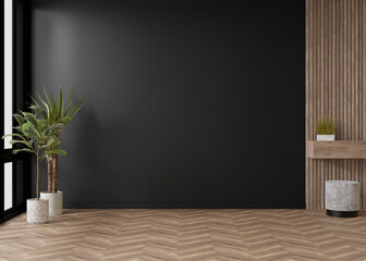 Empty room, black wall and parquet floor. Indoor plants. Mock up interior. Free, copy space for your furniture, picture and other objects. 3D rendering. - obrazy, fototapety, plakaty