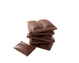 Slices of delicious milk chocolate isolated on white background. Chocolate bar. Sweets with cocoa butter.