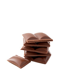 Slices of delicious milk chocolate isolated on white background. Chocolate bar. Sweets with cocoa butter.