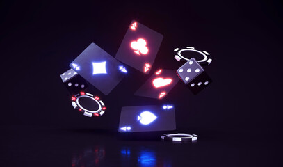 Casino background with neon cards and chips falling 3d rendering