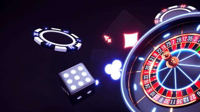 Casino background with neon roulette dice and chips falling 3d rendering