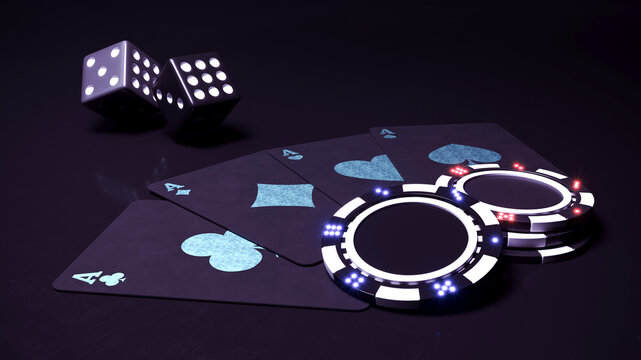 Black casino background with neon cards chips and dice falling 3d rendering