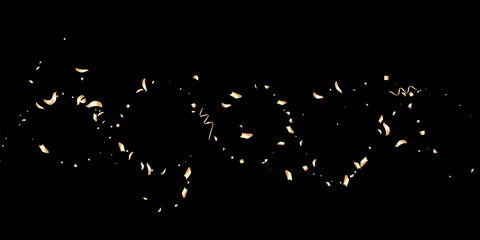 Gold glitter confetti on a black background. Serpentine. Shiny particles are scattered, sand. Decorative element. Luxury background for your design, postcards, invitations, vector