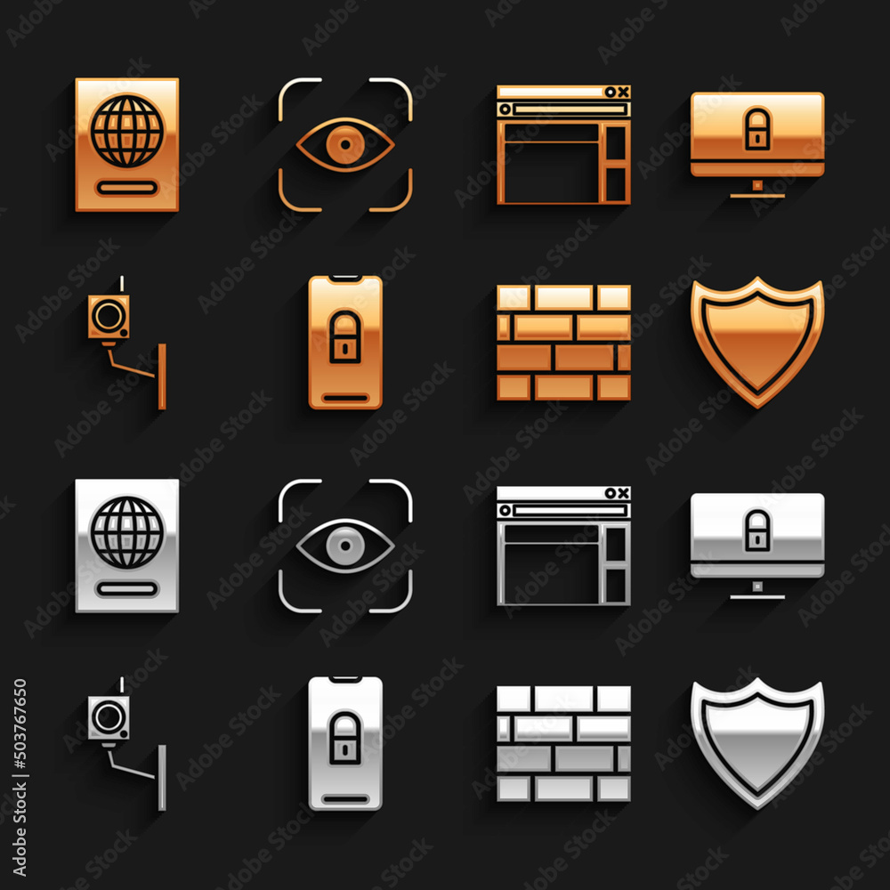 Poster set mobile with closed padlock, lock on computer monitor, shield, bricks, security camera, website t