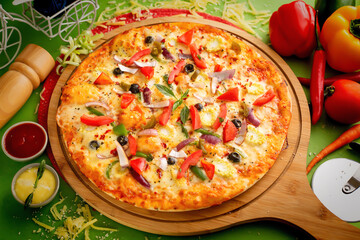 Cheese vegan pizza with tomato sauce and mayo isolated on wooden board top view of italian food on wooden background