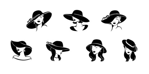 Portraits of ladies with elegant hats on white background. Set of beauty logo design. Vector illustration of beautiful women.