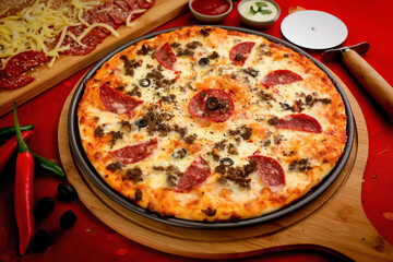 Beef Pepperoni pizza with tomato sauce and mayo isolated on wooden board top view of italian food on wooden background