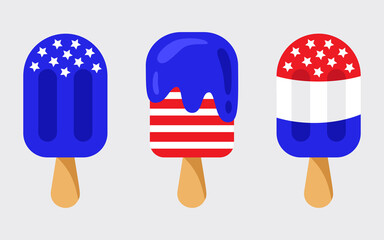 Independence day design with different ice cream in colors of the US national flag. Popsicle for 4th of July. Isolated vector illustration in flat style.