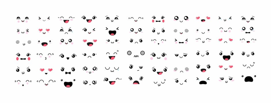 Kawaii cute faces. Manga style eyes and mouths. Funny cartoon japanese emotions in different expressions. For social networks. Expression anime character and emoticon face illustration. Big set.
