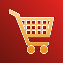 Shopping cart sign. Golden gradient Icon with contours on redish Background. Illustration.