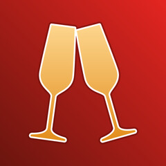 Sparkling champagne glasses. Golden gradient Icon with contours on redish Background. Illustration.