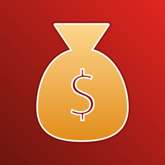 Money bag sign illustration. Golden gradient Icon with contours on redish Background. Illustration.