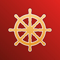 Ship wheel sign. Golden gradient Icon with contours on redish Background. Illustration.