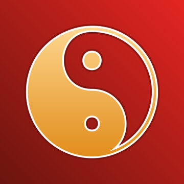 Ying yang symbol of harmony and balance. Golden gradient Icon with contours on redish Background. Illustration.